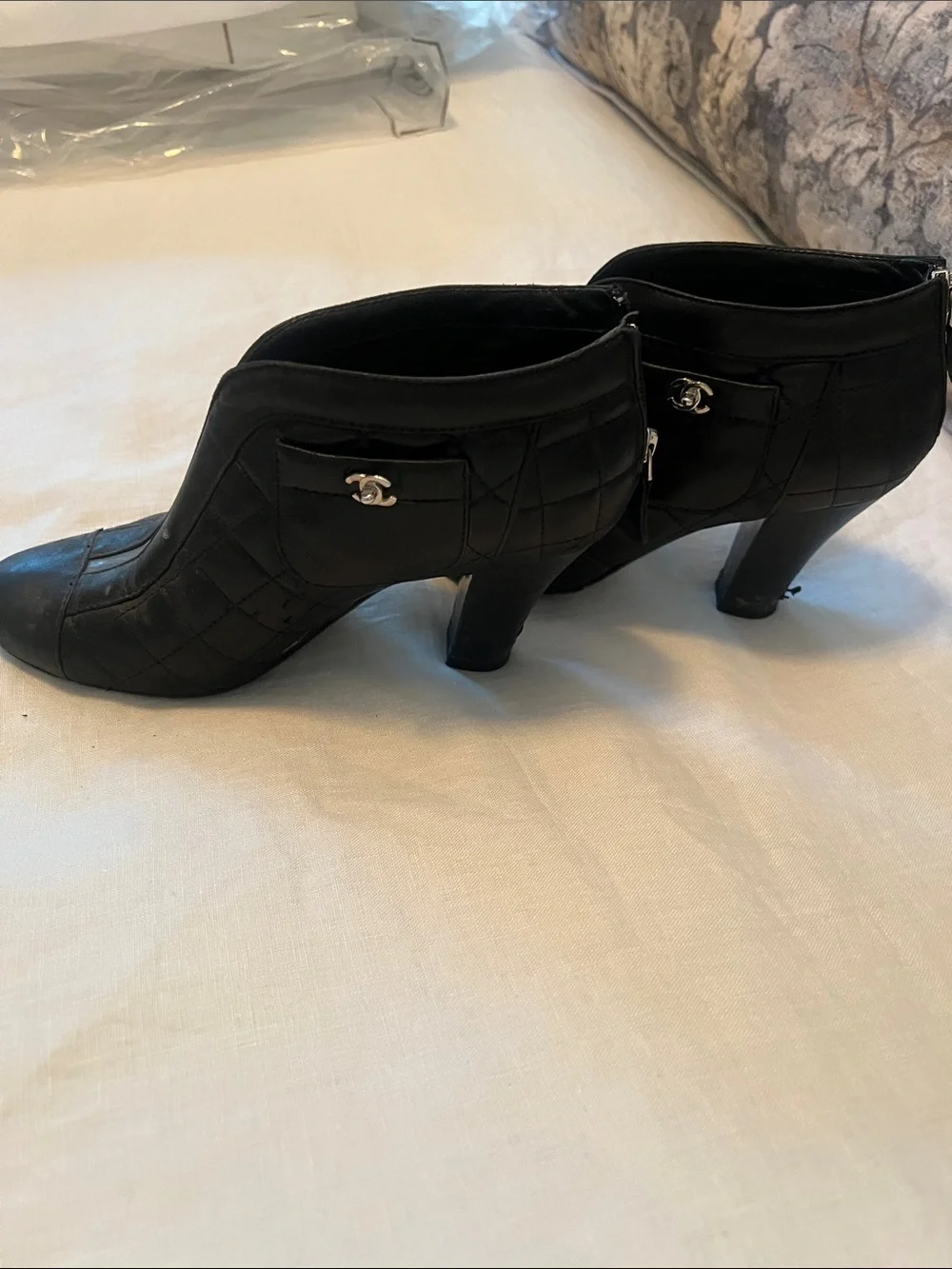 CHANEL Black Quilted Leather Ankle Booties with Silver CC Hardware